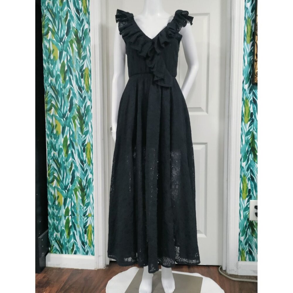Pho Firenze M Black Lace Ruffle Maxi Dress With Open Back Embellished Straps - Picture 9 of 16